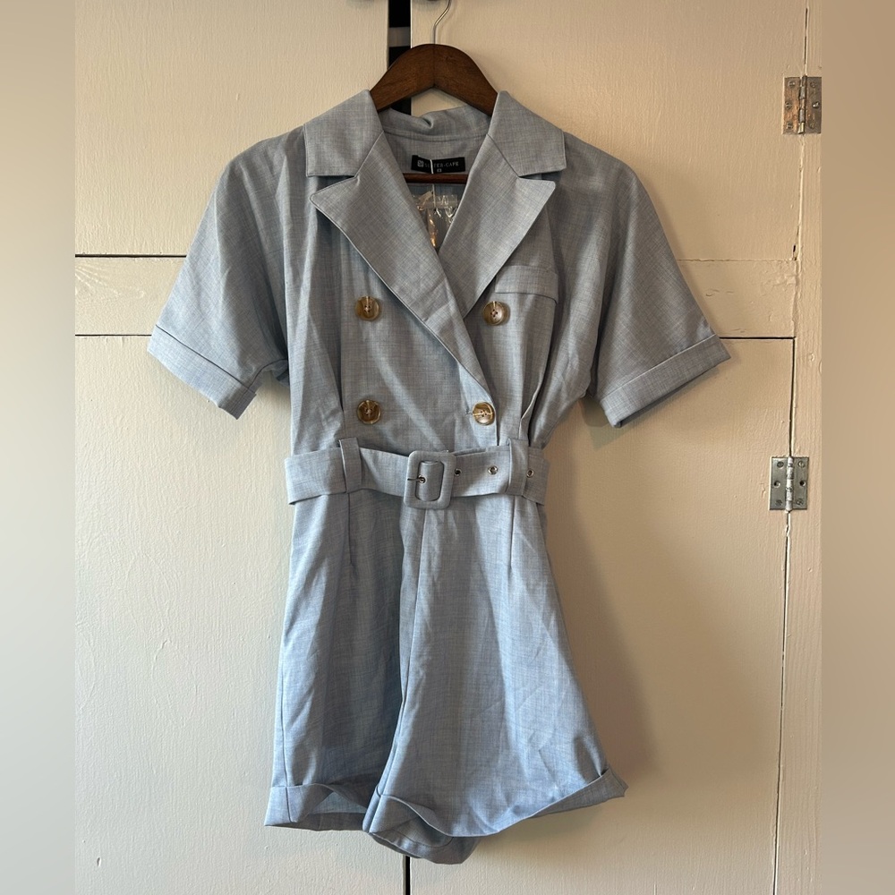 Sister cafe small light blue romper preppy collar belted